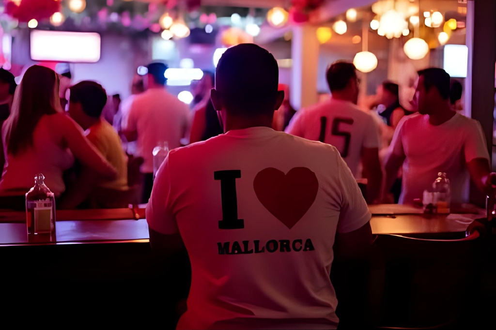 A man sits in a bar wearing a T-shirt with the words I ❤️ Mallorca